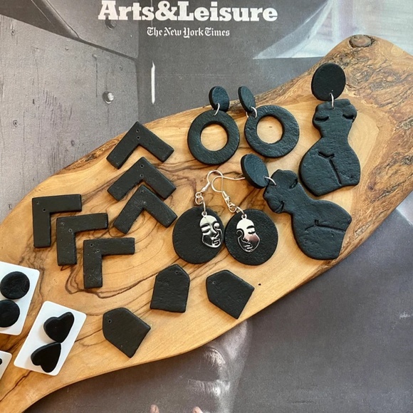 Handmade Clay Earrings | Forms of a Woman Silhouette | Black Leather Texture - Picture 2 of 11